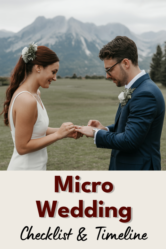 Intimate micro wedding ceremony with couple exchanging vows against mountain backdrop.