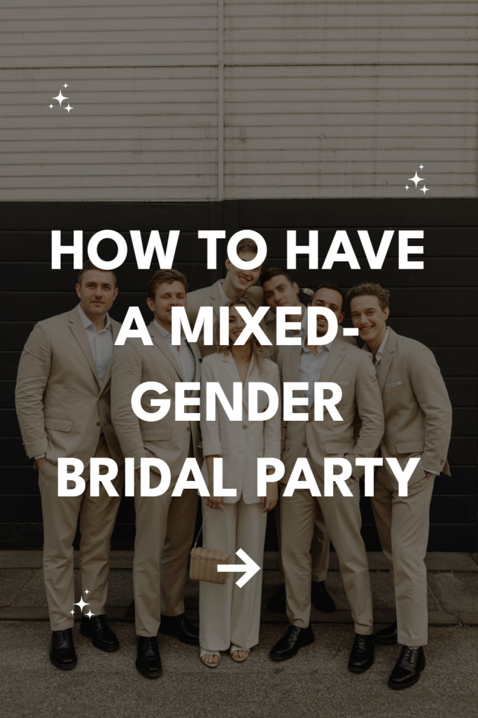 Mixed-gender bridal party celebrating in stylish outfits against a striking black and white backdrop.
