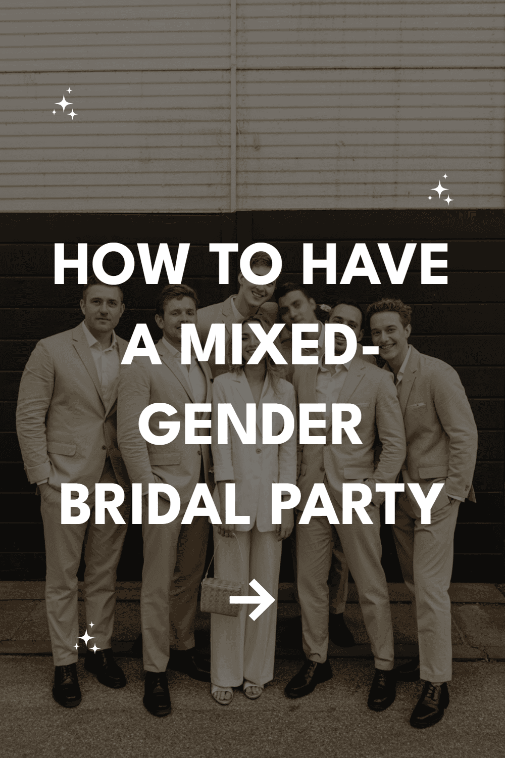Mixed-gender bridal party celebrating in stylish outfits against a striking black and white backdrop.