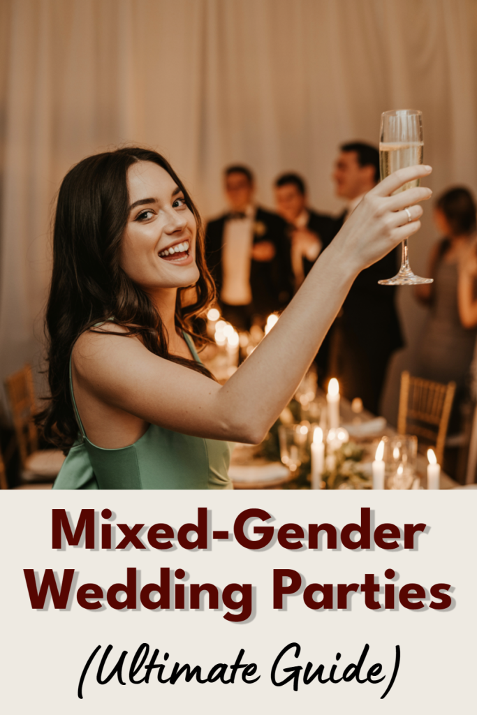 Joyful woman toasting at a mixed-gender wedding party, celebrating love and inclusivity.
