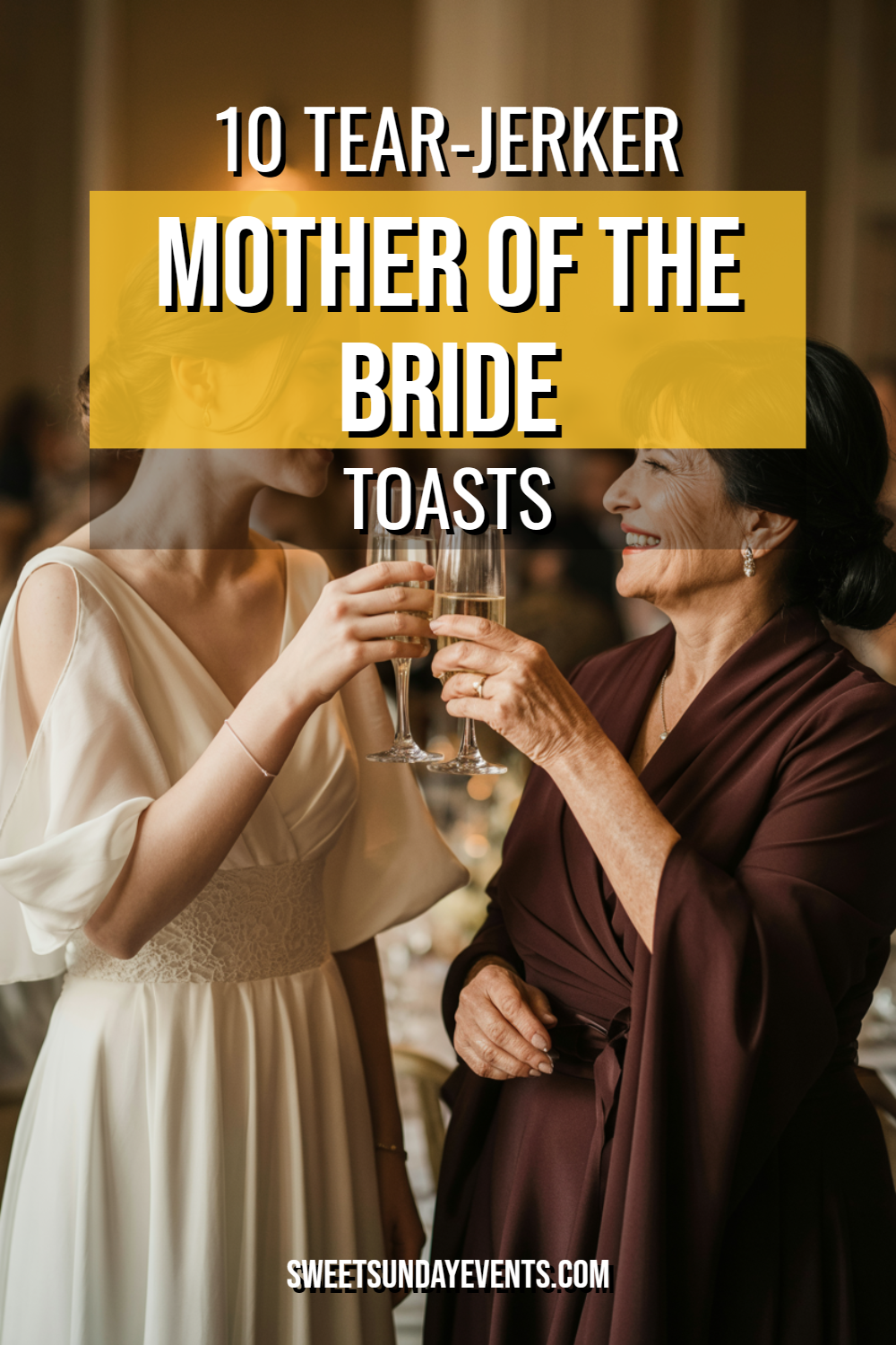 Mother and daughter toast at a wedding, celebrating love and family moments together.
