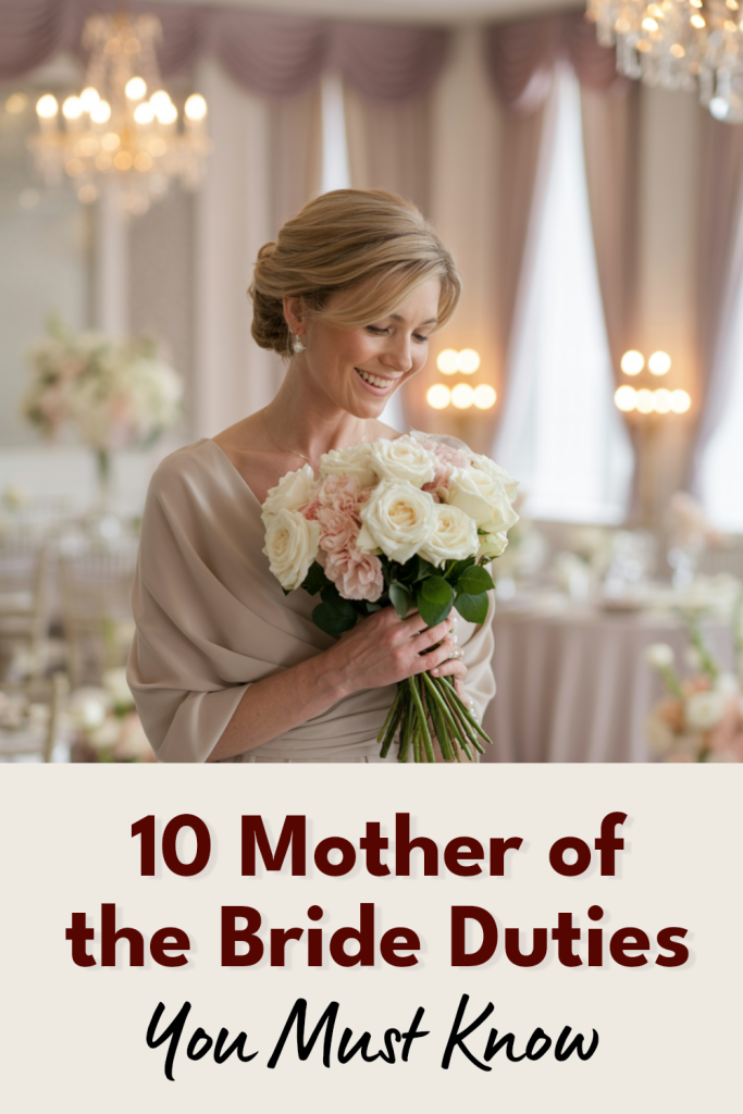 Elegant mother of the bride holding a bouquet at a sophisticated wedding celebration.