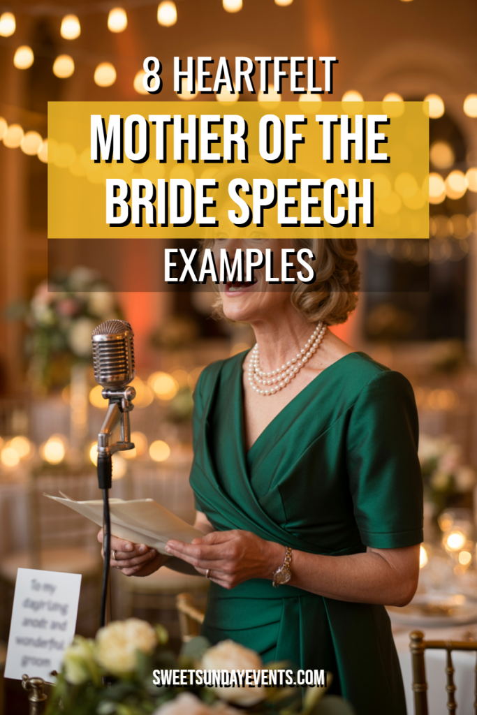 Elegant mother of the bride delivering a heartfelt wedding speech in a romantic setting.