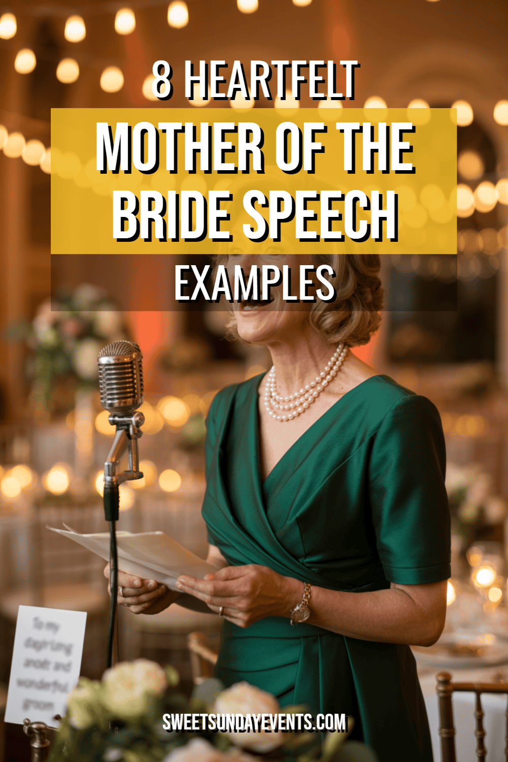 Elegant mother of the bride delivering a heartfelt wedding speech in a romantic setting.
