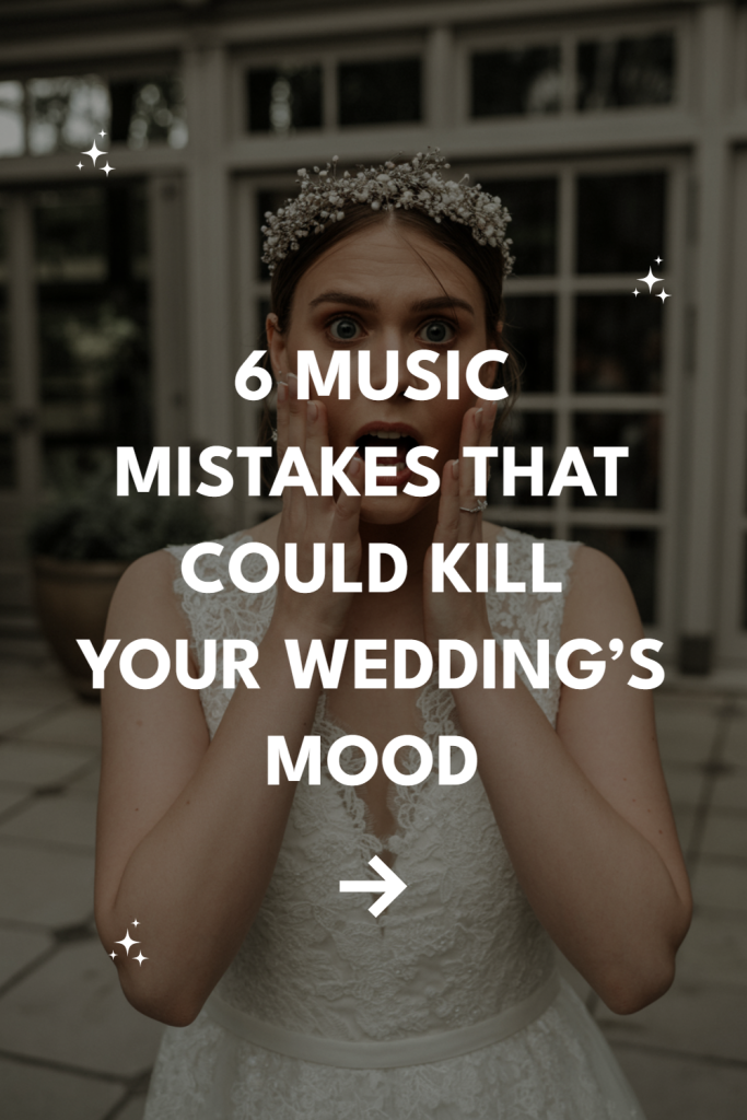 Young bride surprised about wedding music mistakes in elegant dress, capturing emotional moment.
