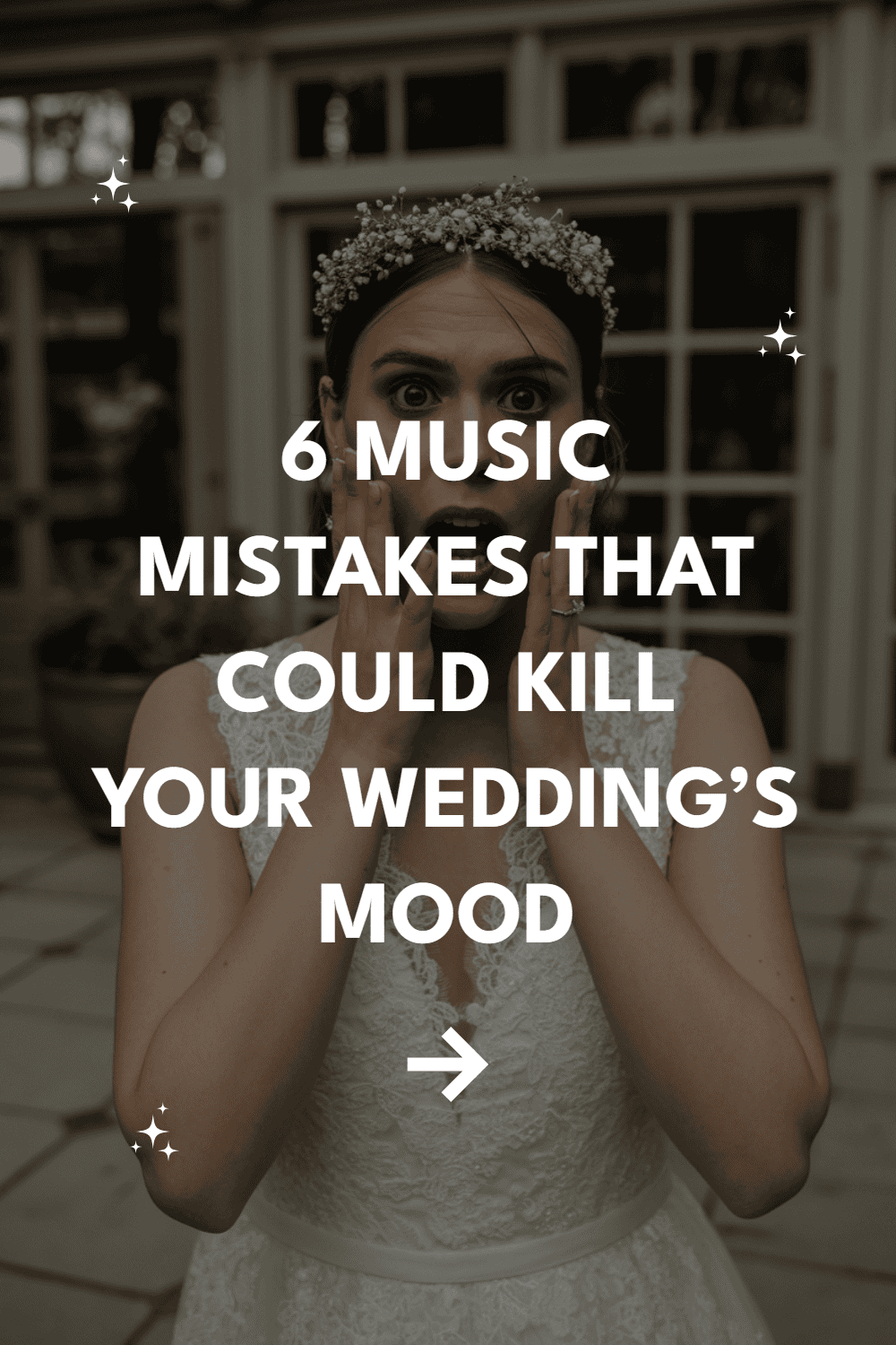 Young bride surprised about wedding music mistakes in elegant dress, capturing emotional moment.
