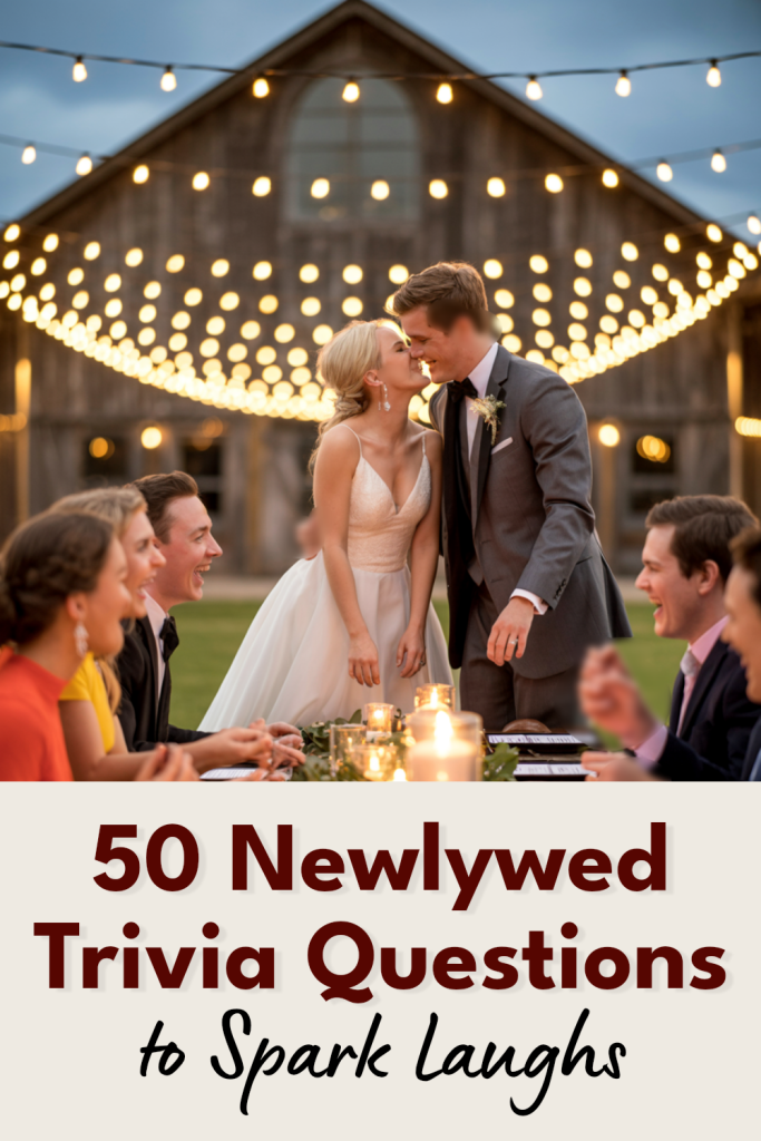 Romantic outdoor wedding with newlyweds, guests, and trivia questions for fun celebrations.