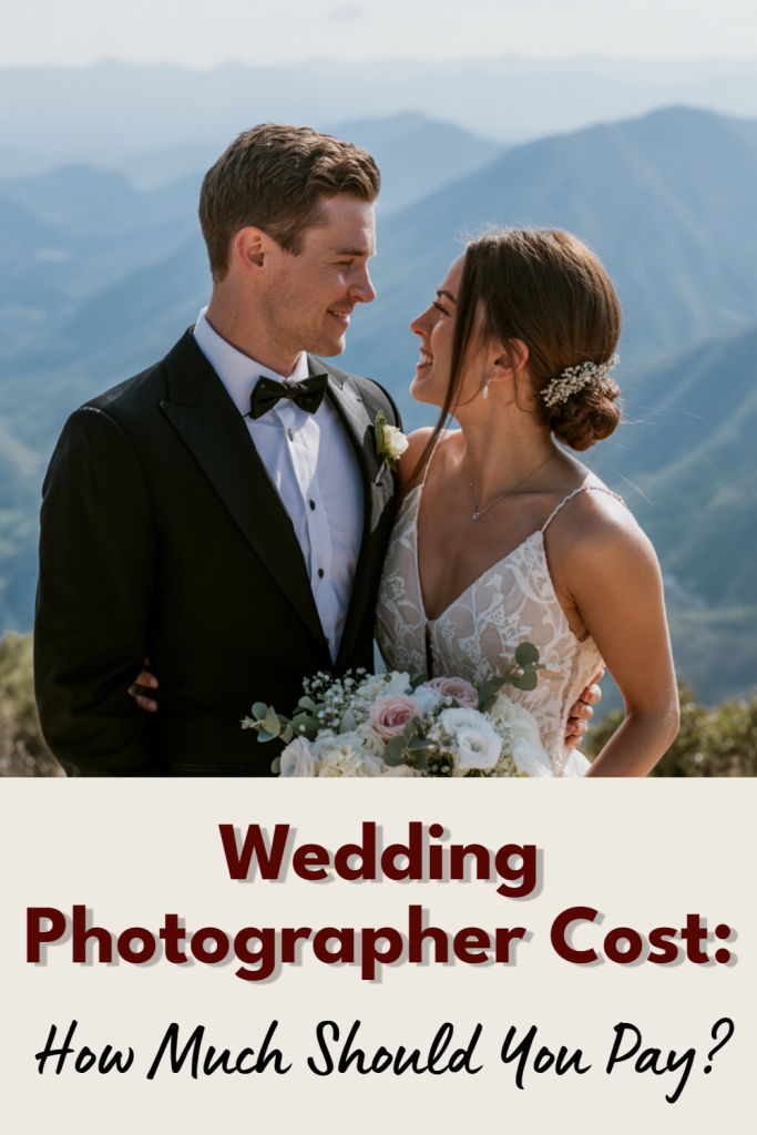 Romantic wedding couple in mountains, showcasing beautiful gown, tuxedo, and bouquet.