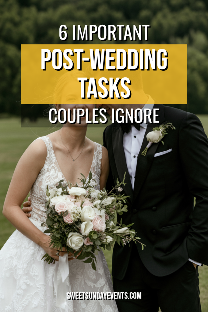 Joyful newlyweds in a romantic outdoor wedding, highlighting essential post-wedding tasks.