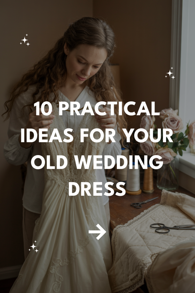 Woman holding an old wedding dress, exploring creative ideas for repurposing cherished memories.