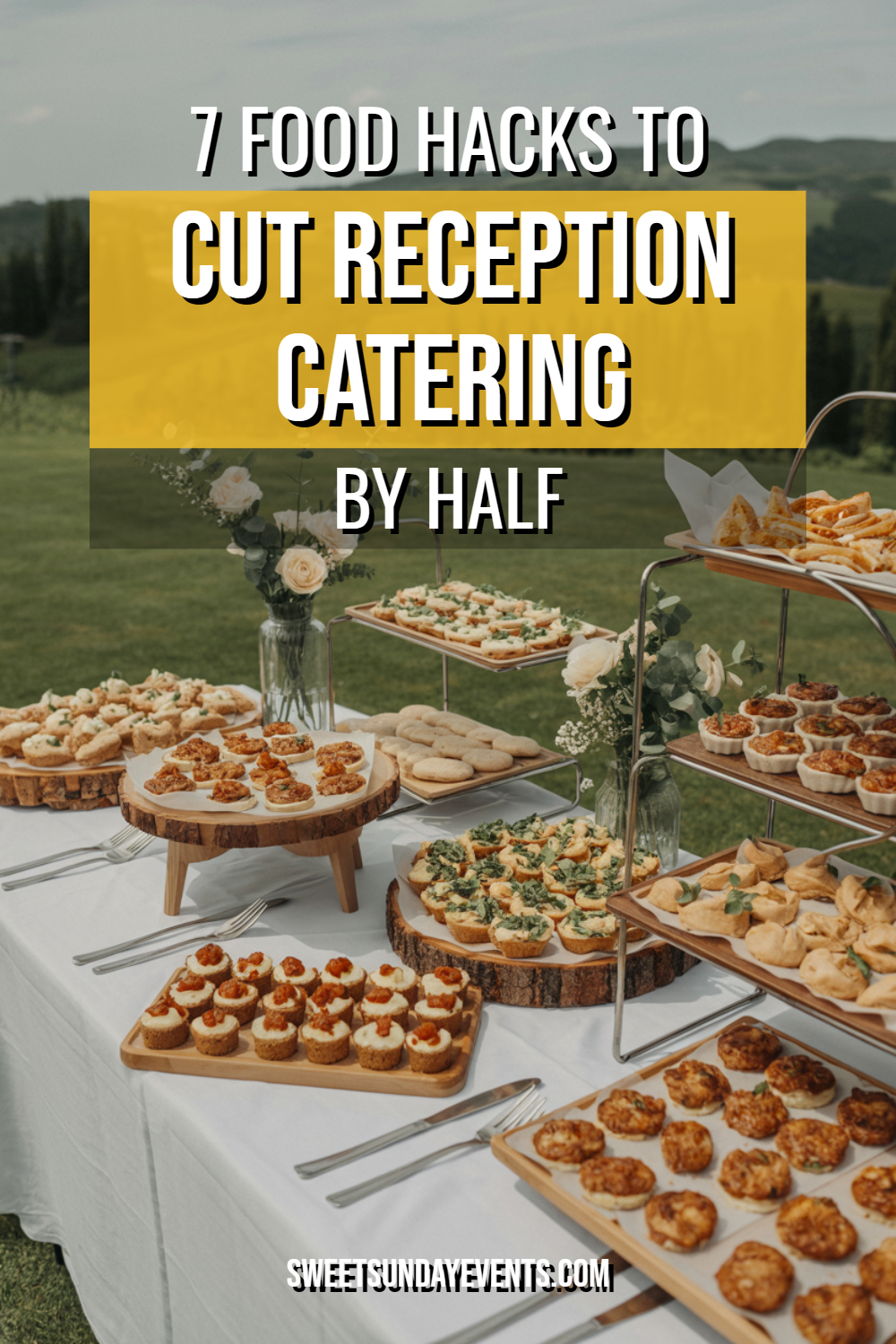 Elegant outdoor catering setup with appetizers, scenic backdrop, and tips for budget-friendly receptions.