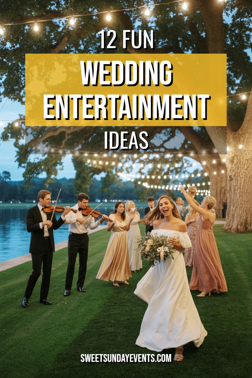 Joyful outdoor wedding celebration with dancing, musicians, and a beautifully dressed bride.