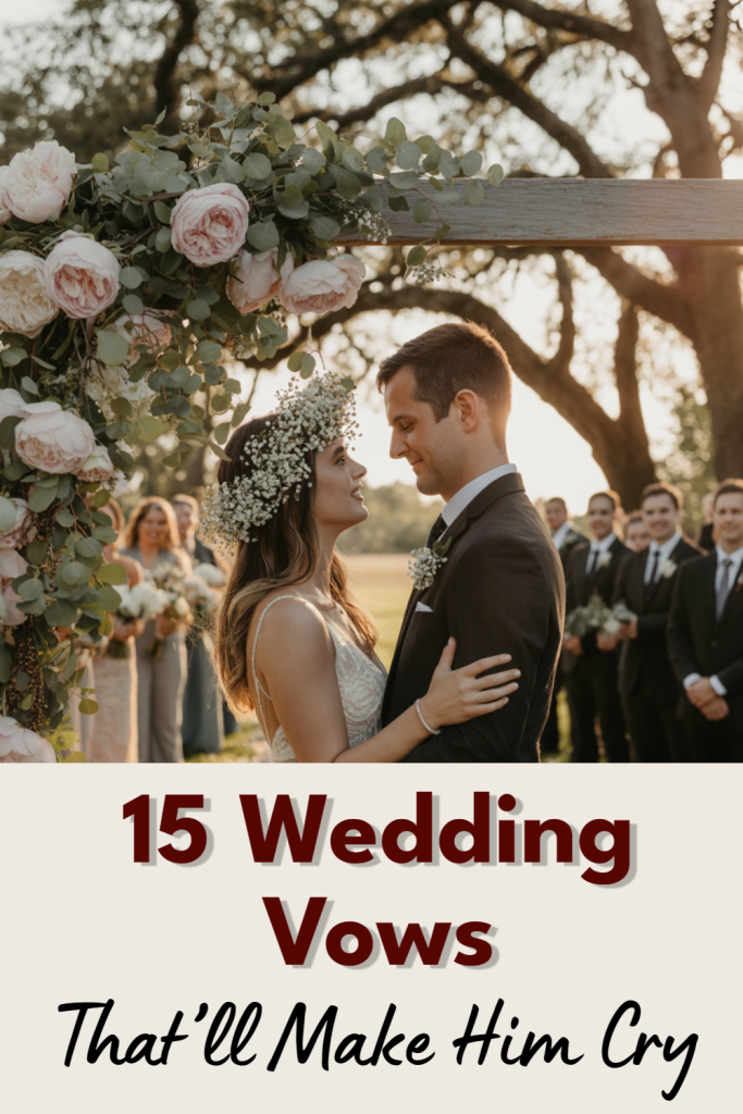 Romantic outdoor wedding ceremony with lush decor, elegant couple, and heartfelt vows.