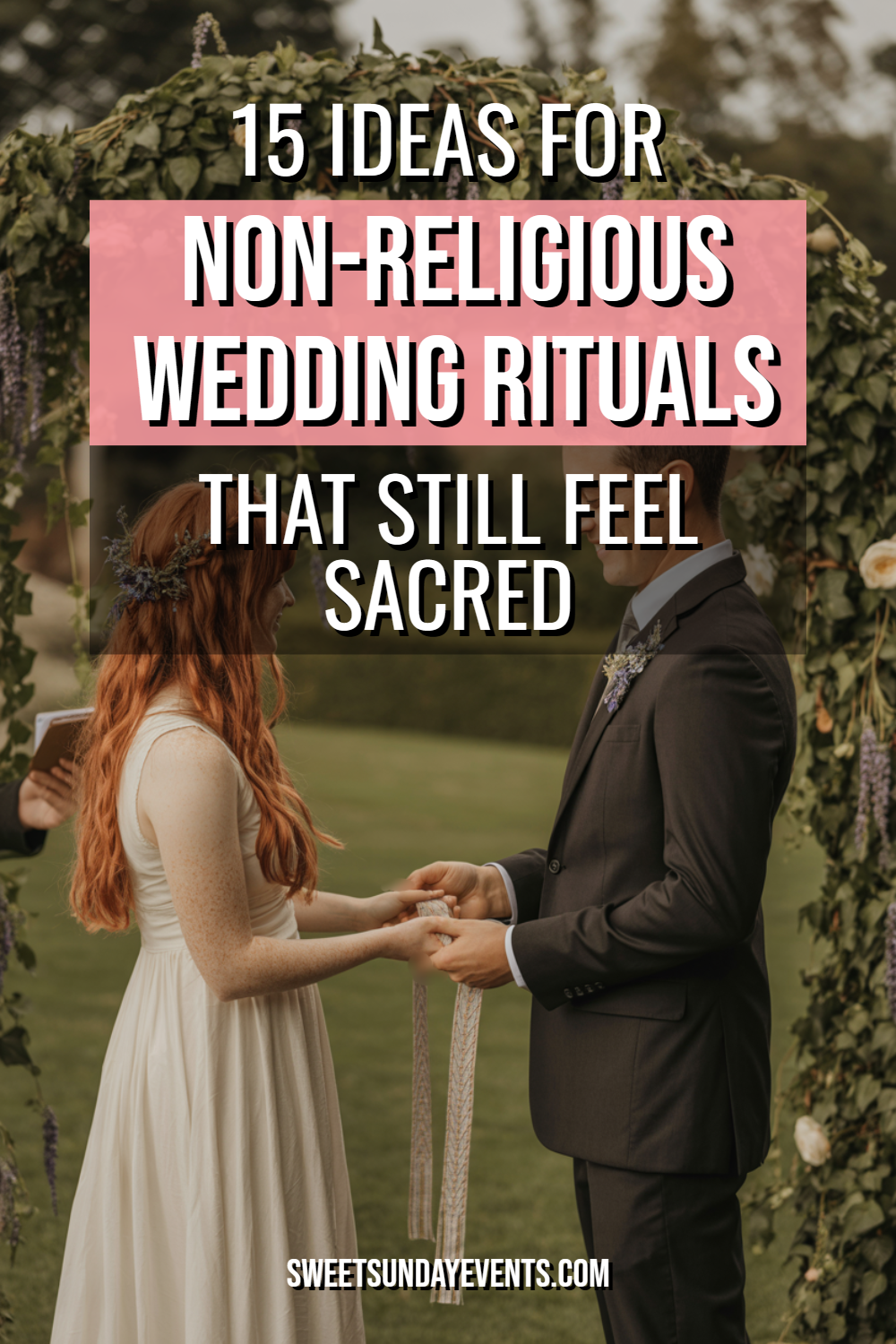 Couple exchanging vows in a romantic outdoor wedding ceremony amidst lush greenery and flowers.