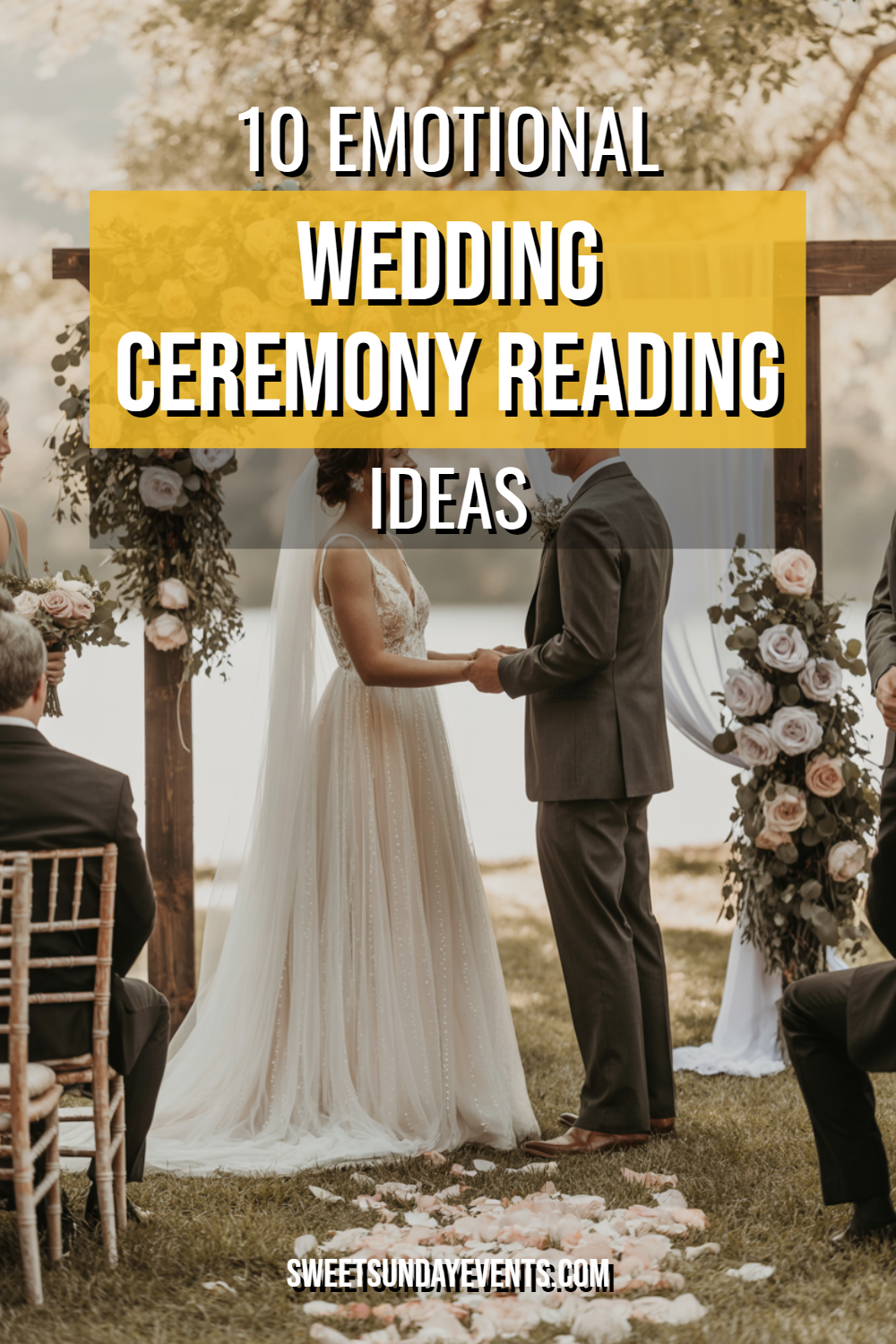 Romantic outdoor wedding ceremony with beautiful bride, groom, floral arch, and greenery.