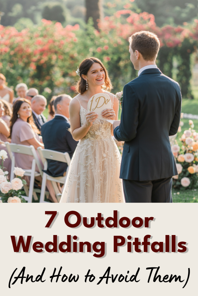 Bride and groom share vows in a stunning outdoor wedding ceremony surrounded by lush gardens.