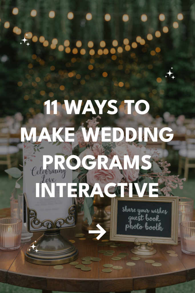 Elegant outdoor wedding table decor featuring interactive signs, flowers, and fairy lights.