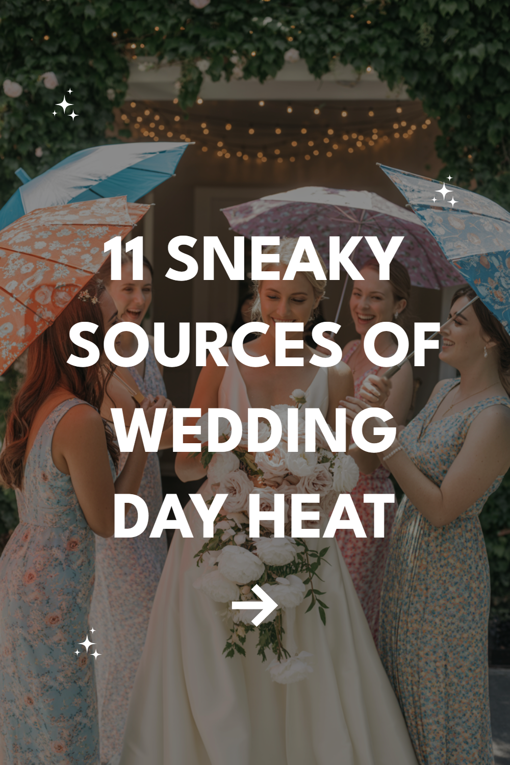 Bridal party in colorful dresses with umbrellas at a joyful outdoor wedding celebration.