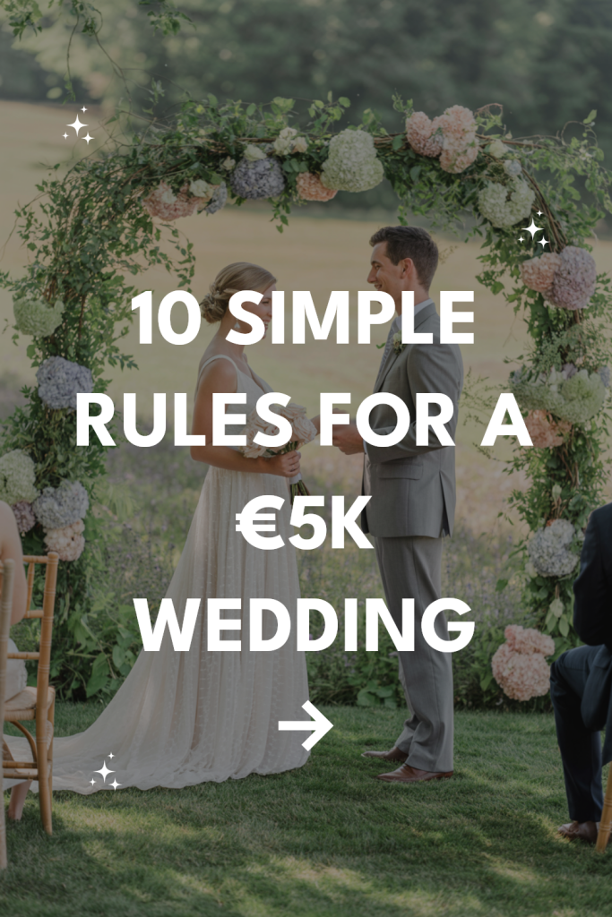 Elegant outdoor wedding scene with couple exchanging vows under a floral arch, budget tips included.