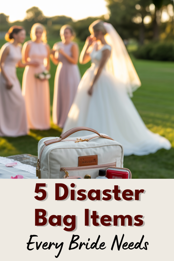 Outdoor wedding scene with bridesmaids, a stylish disaster bag, and romantic ambiance during golden hour.