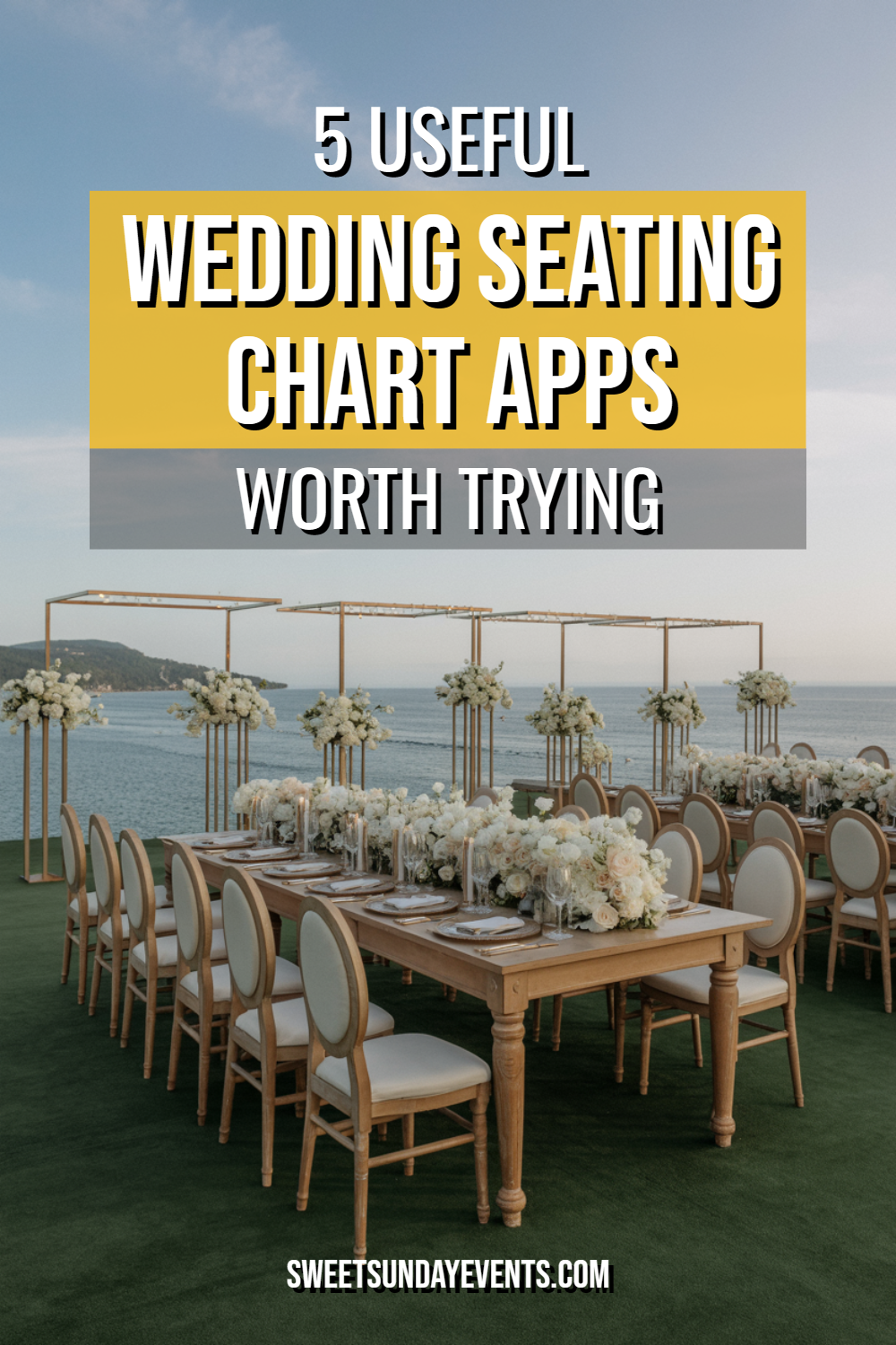Elegant outdoor wedding reception with ocean view, white floral centerpieces, and romantic ambiance.