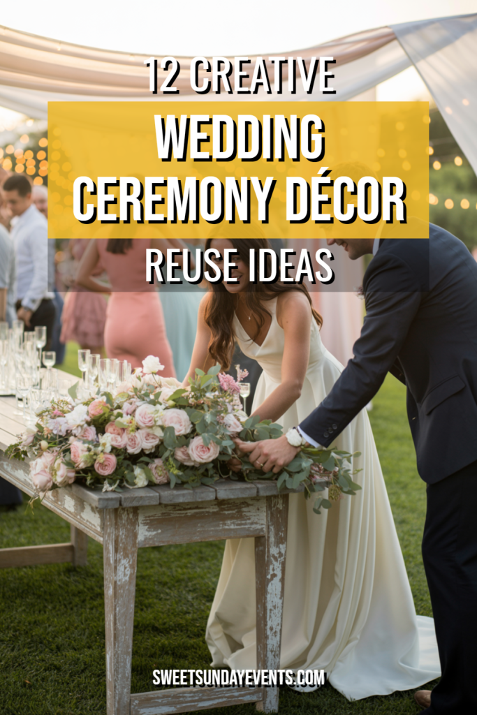 Charming outdoor wedding setup with elegant floral decor and a romantic couple in nature.