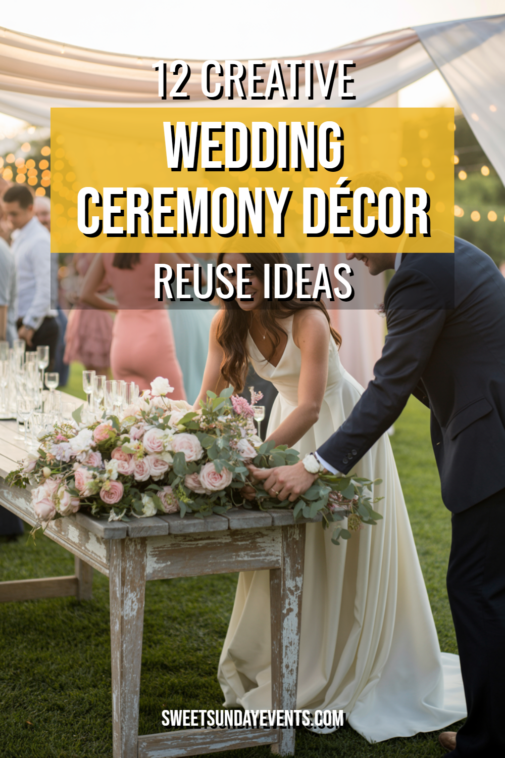 Charming outdoor wedding setup with elegant floral decor and a romantic couple in nature.