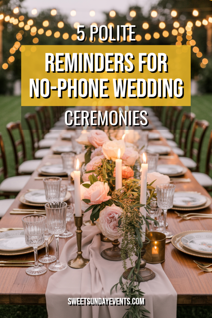 Elegant outdoor wedding table setting with floral centerpiece and romantic candlelight under string lights.