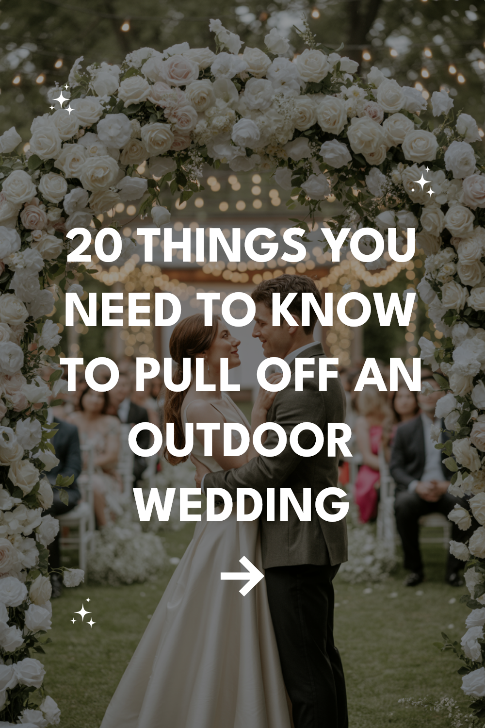 Beautiful outdoor wedding scene with floral arch, bride, groom, and guests celebrating love.