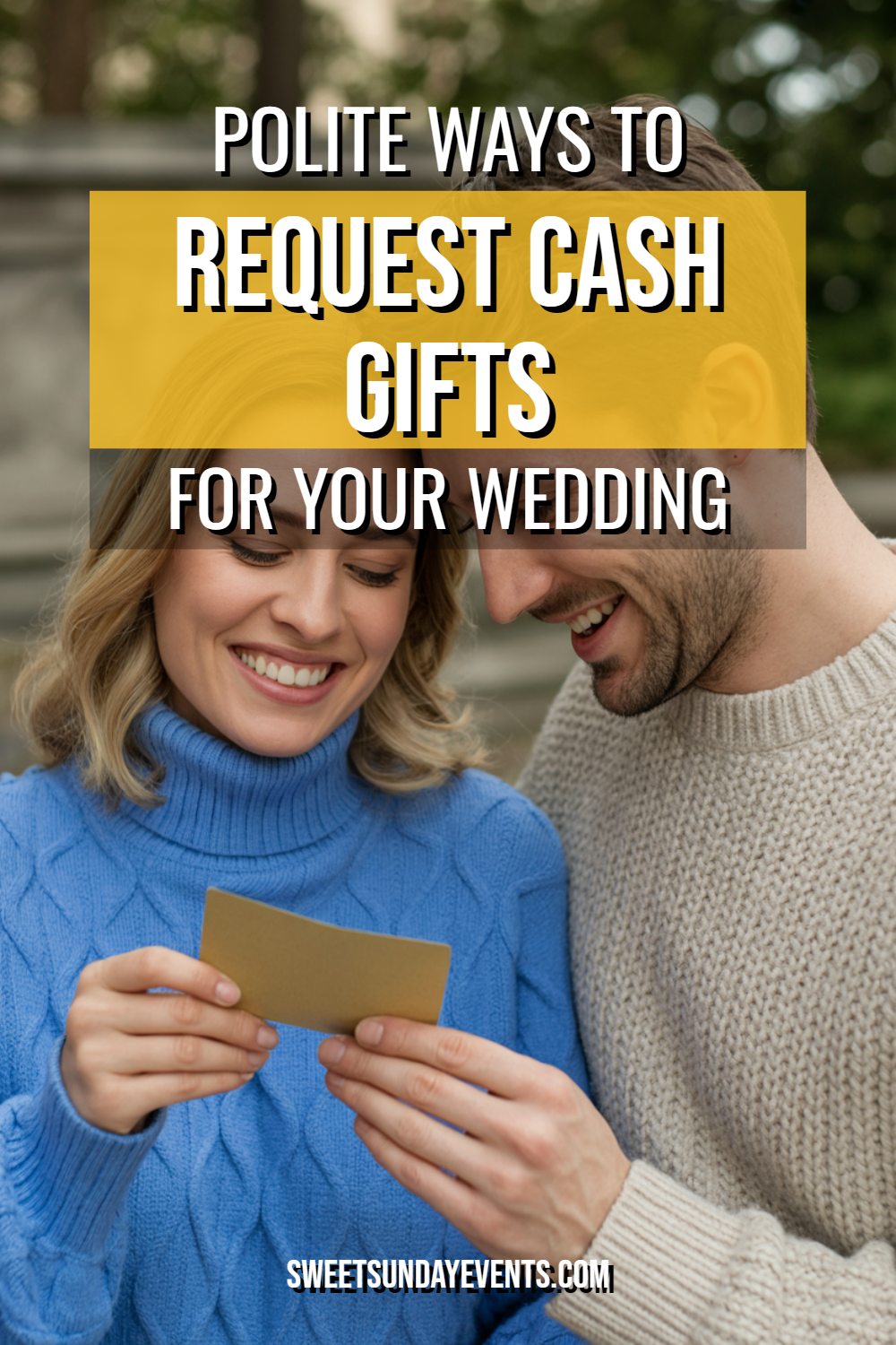 Young couple joyfully discussing wedding plans, considering cash gifts for their special day.