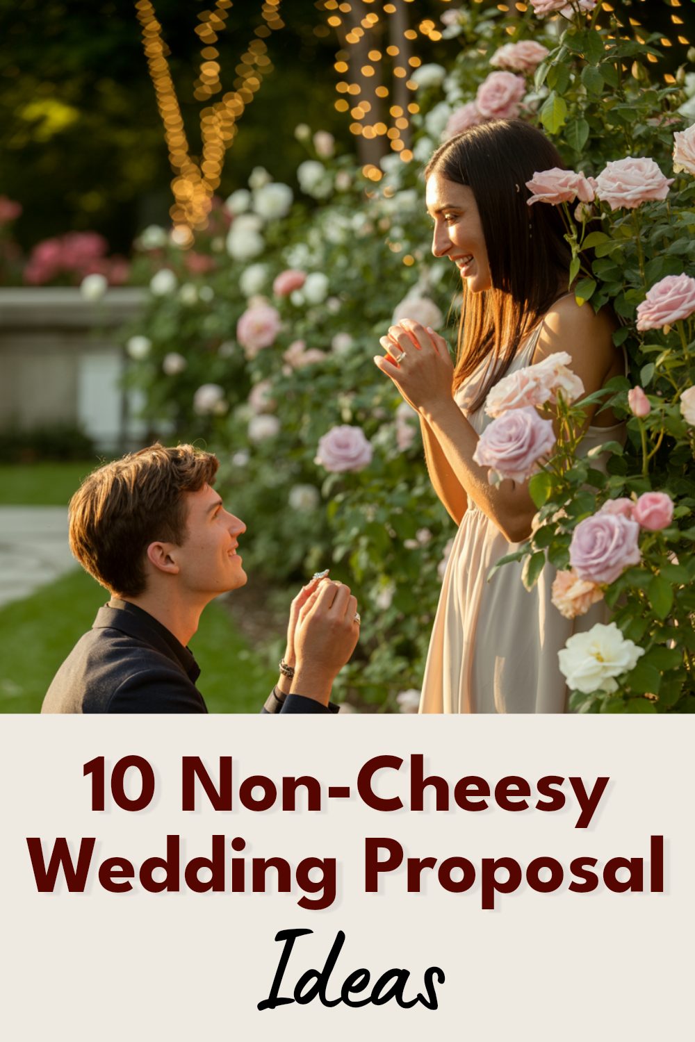Romantic garden proposal with a man kneeling, presenting a ring to a surprised woman.