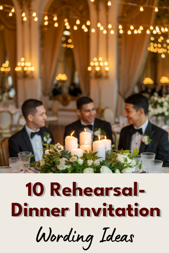 Elegant rehearsal dinner setting with joyful guests and floral decor for invitation inspiration.