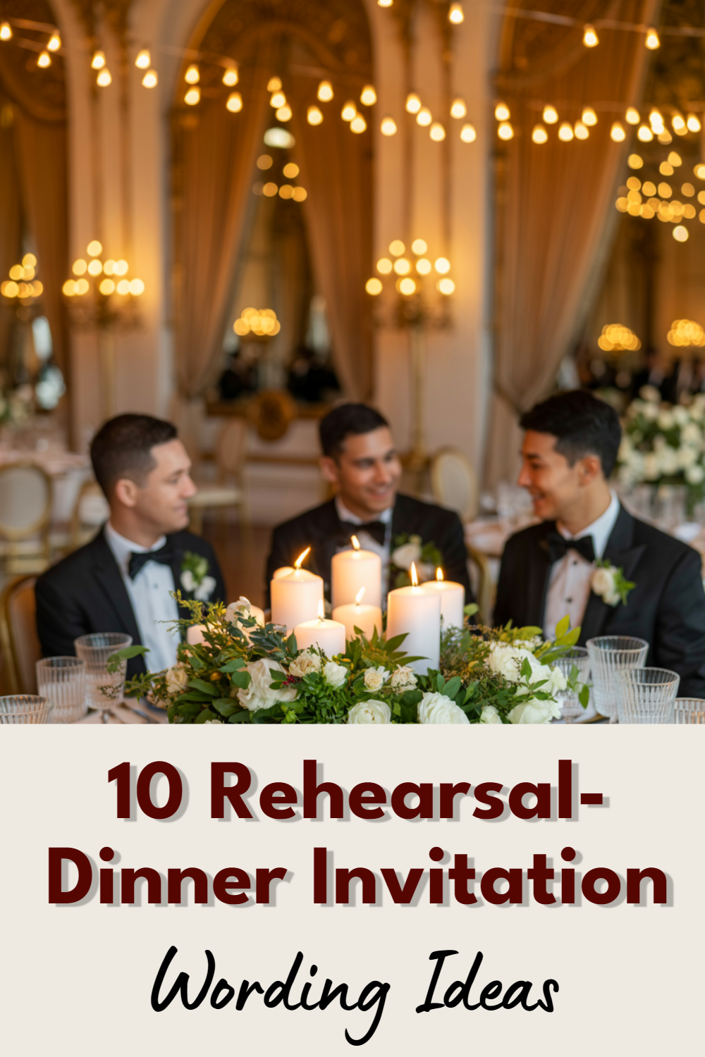 Elegant rehearsal dinner setting with joyful guests and floral decor for invitation inspiration.