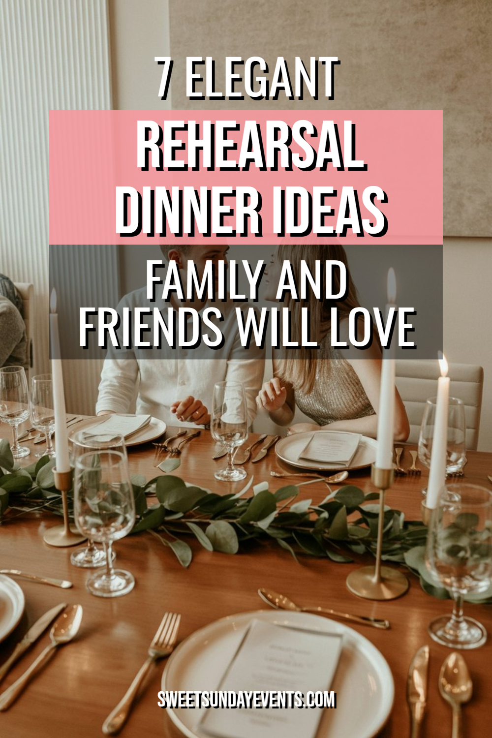 Elegant rehearsal dinner setting with tasteful decor, candlelight, and intimate atmosphere.