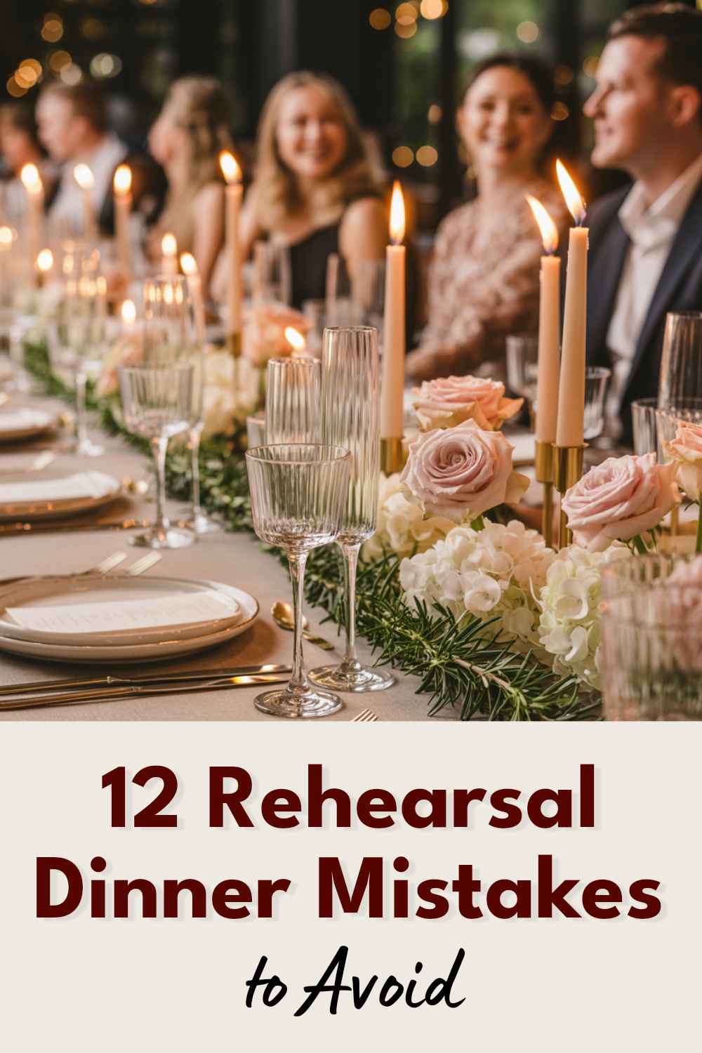 Elegant rehearsal dinner table setting with floral decor and warm candlelight atmosphere.