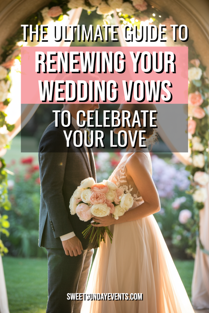 Couple renewing wedding vows under a floral arch, celebrating eternal love and commitment.