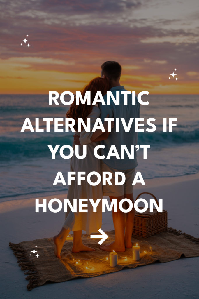 Couple embracing at sunset on a romantic beach, surrounded by candles and picnic setup.