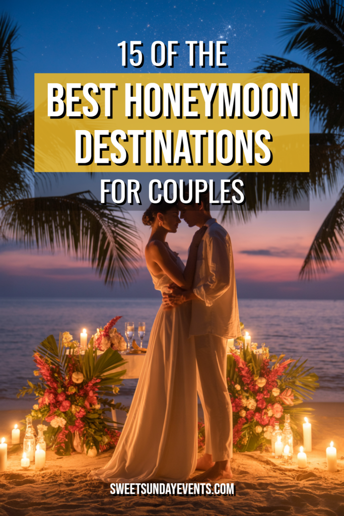 Couple in love at a romantic beach sunset, perfect for honeymoon destinations and celebrations.