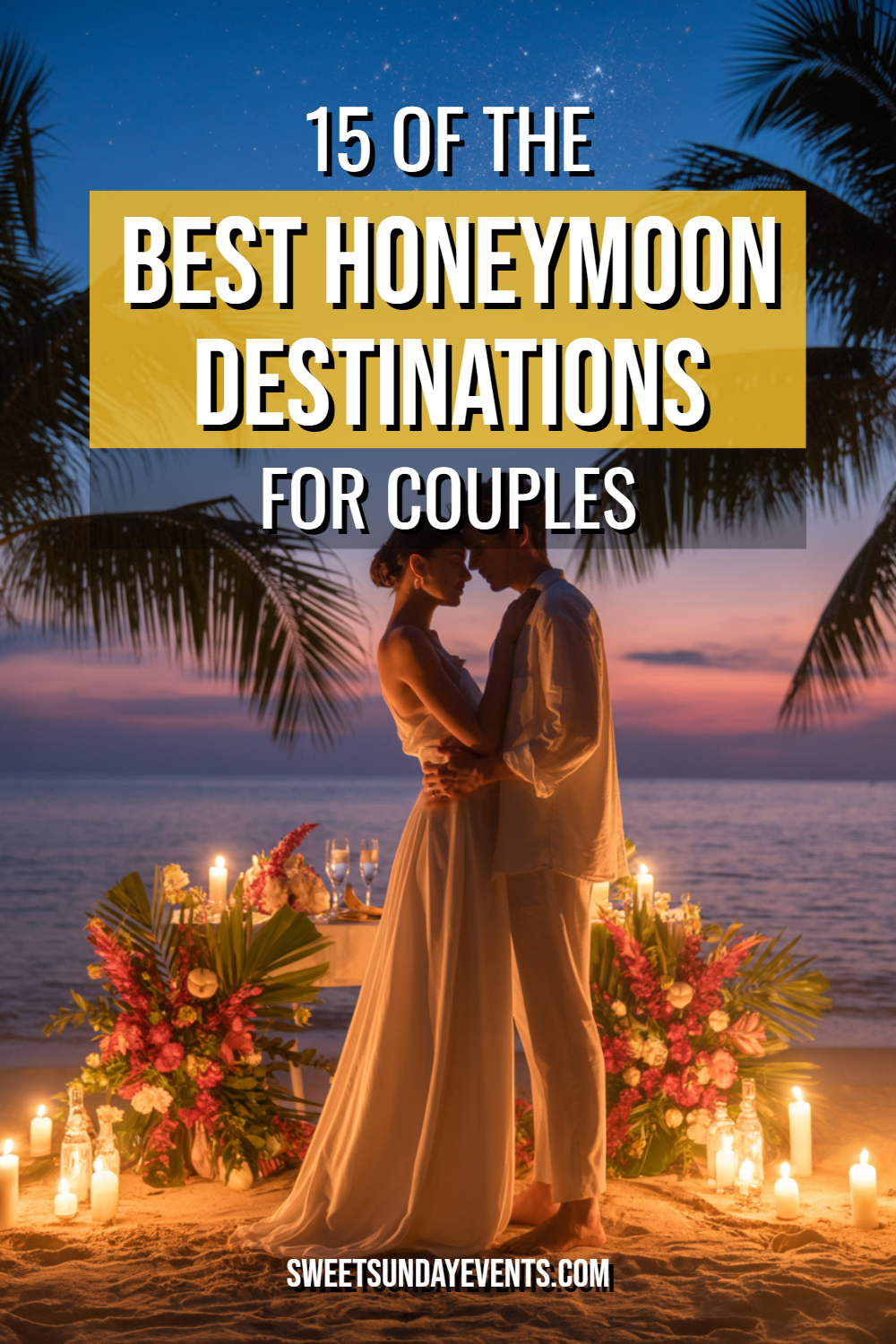 Couple in love at a romantic beach sunset, perfect for honeymoon destinations and celebrations.