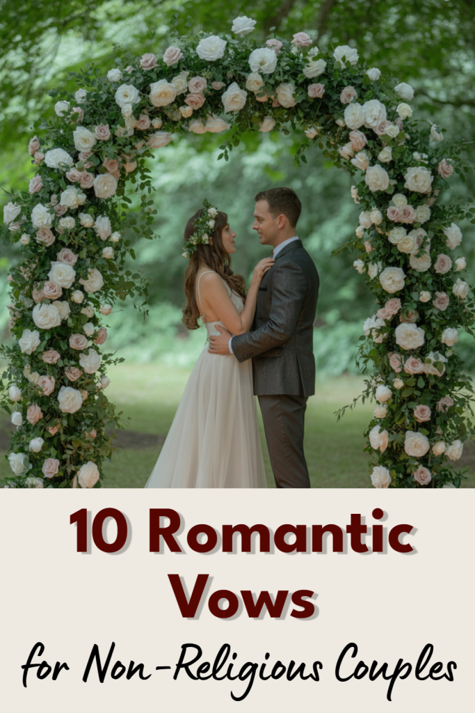 Romantic couple under floral arch exchanging vows in an enchanting garden setting.