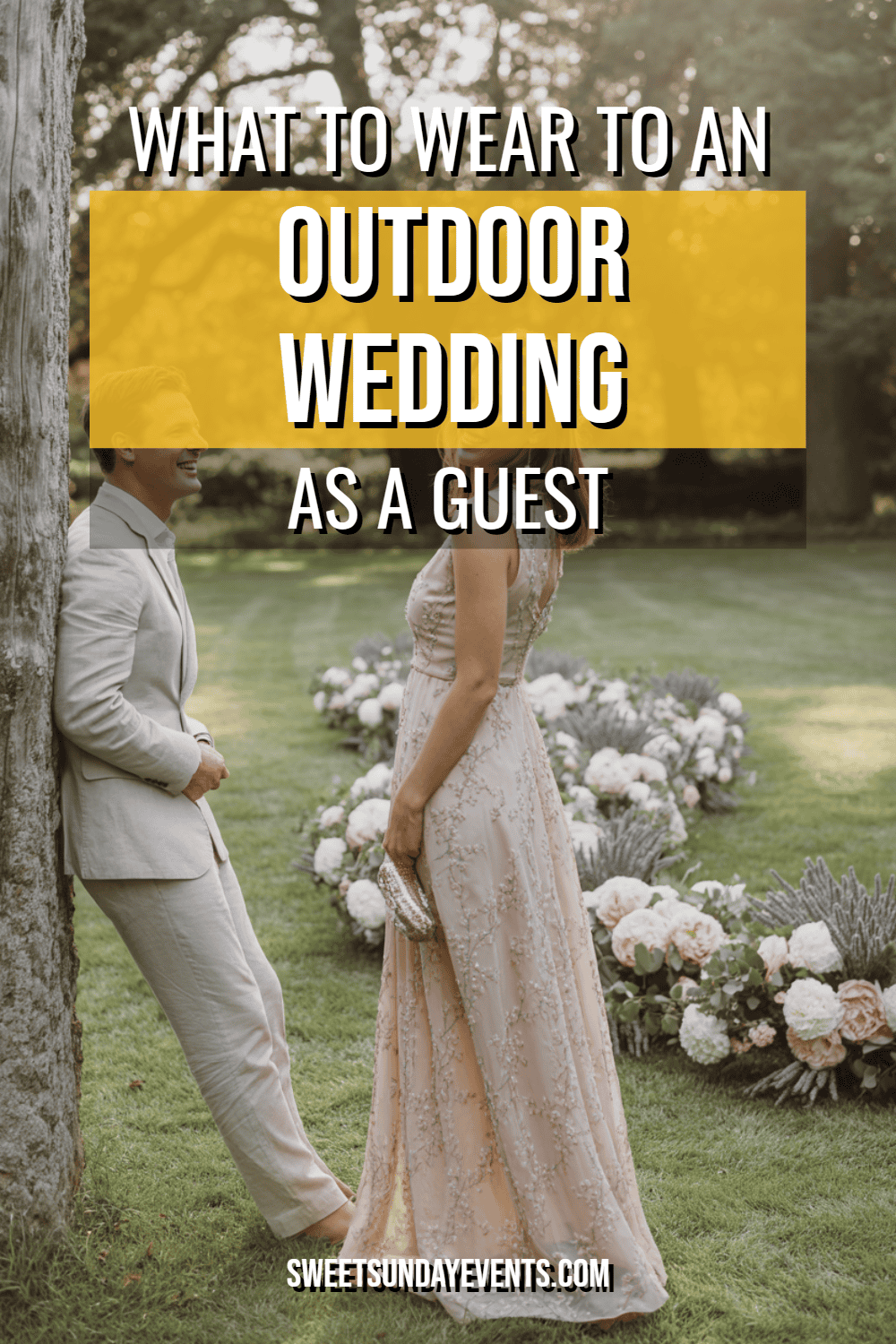 Couple enjoying a romantic outdoor wedding, surrounded by lush greenery and elegant floral decor.