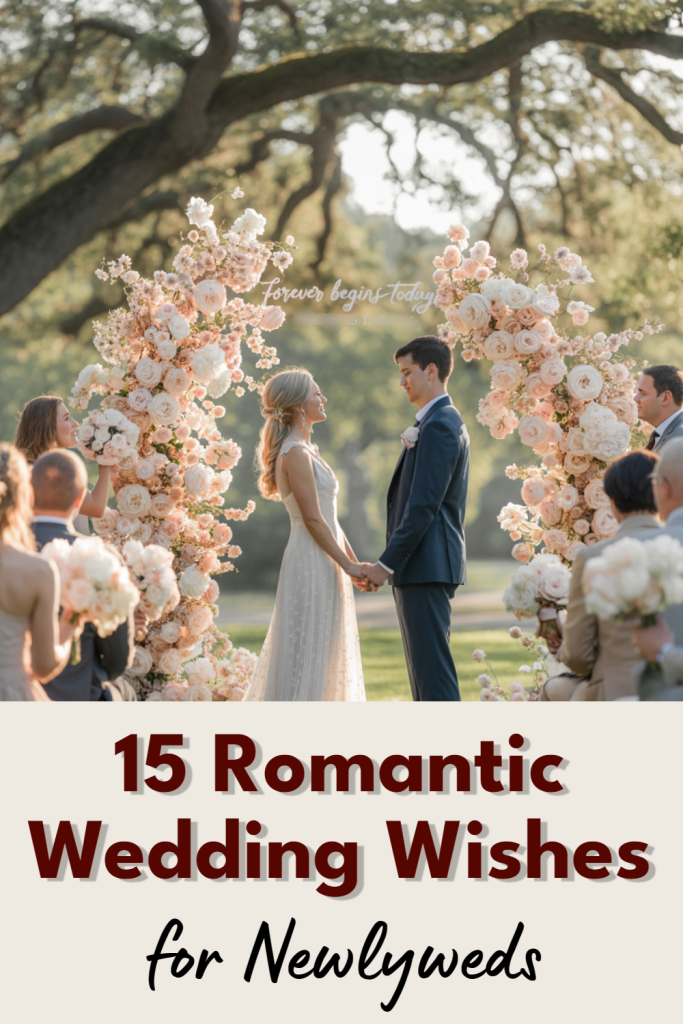Romantic outdoor wedding ceremony with a lovely couple, floral arch, and joyful guests.