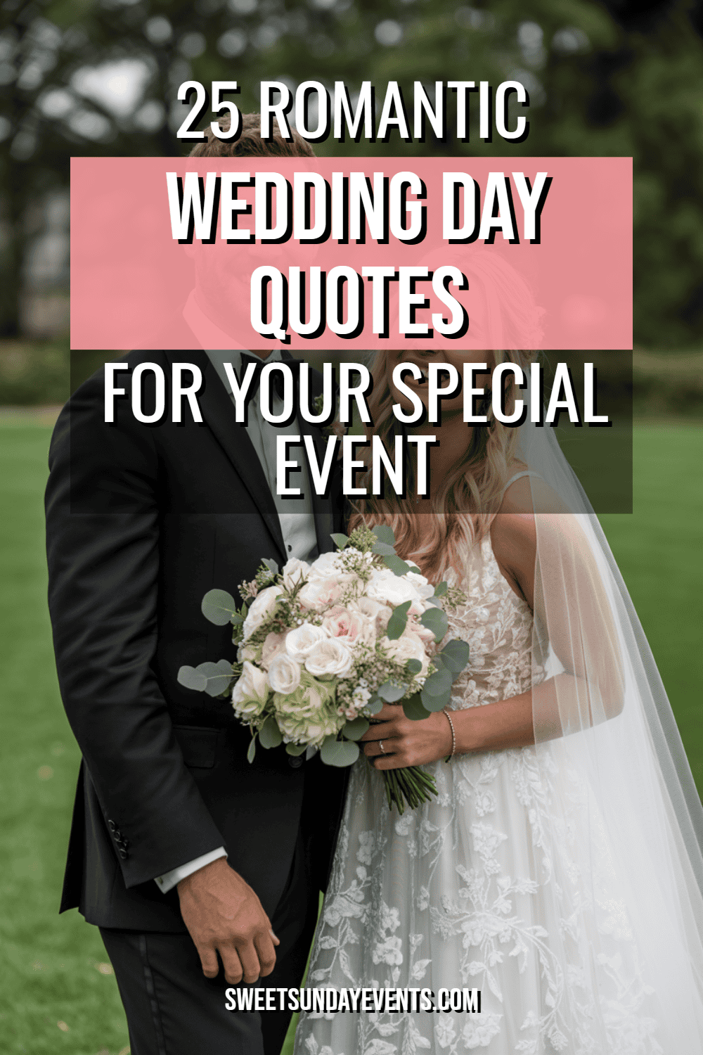 Romantic wedding couple in elegant attire with soft lighting and lush greenery backdrop.