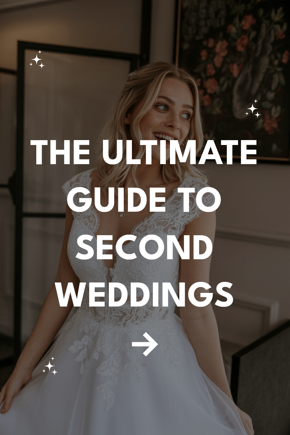 Elegant bride in lace gown with wedding guide for second weddings. Celebrate love anew.
