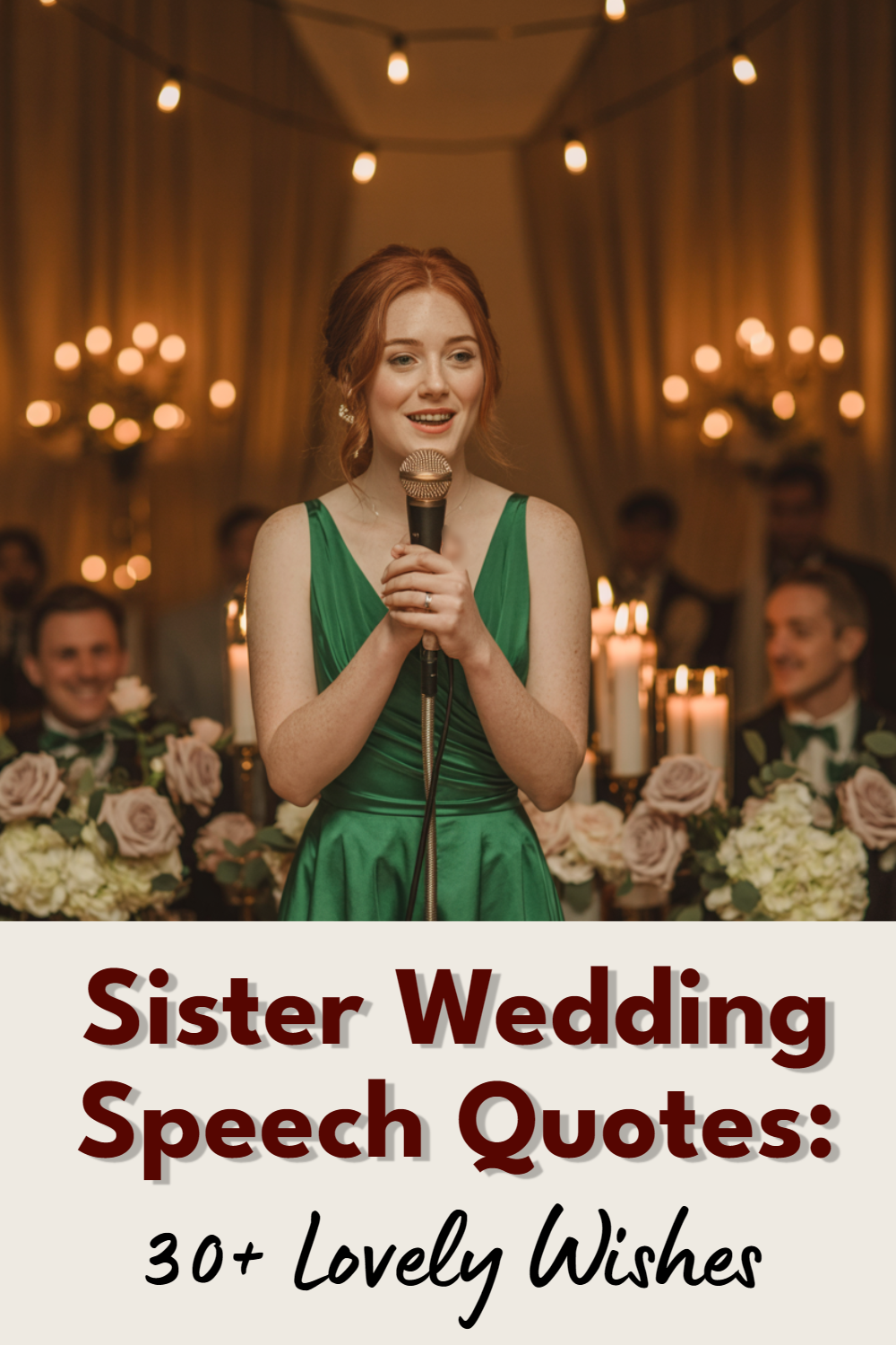 Sister delivering heartfelt wedding speech in a romantic setting with flowers and warm lighting.