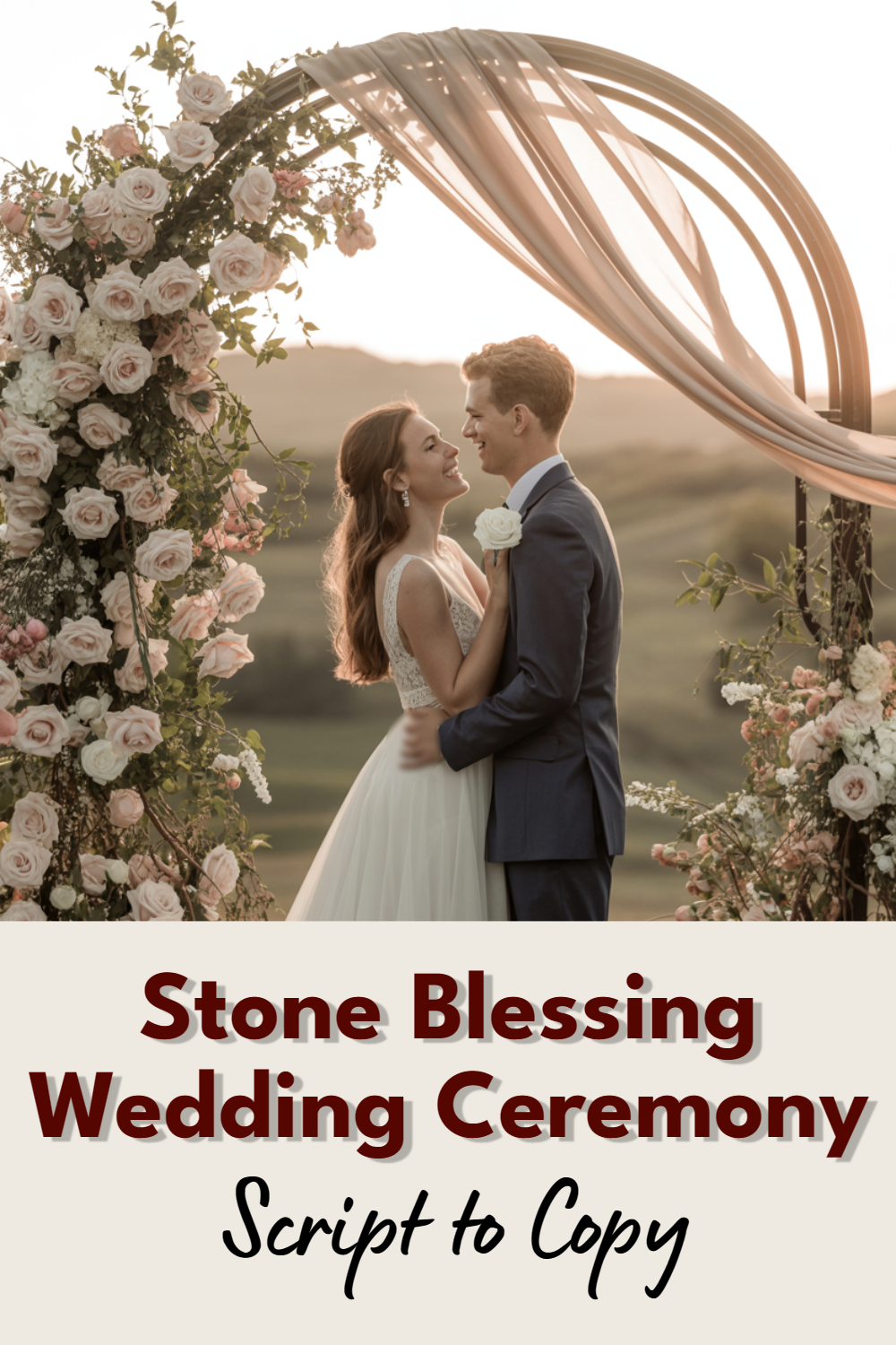 Outdoor wedding ceremony featuring a couple under a floral arch at sunset.