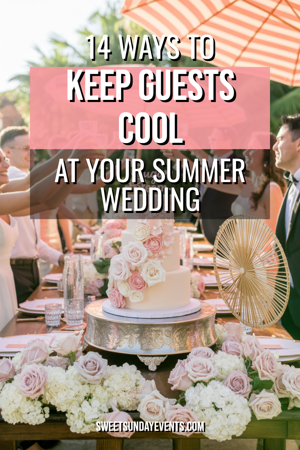 Elegant summer wedding reception outdoors with floral decor, a stunning cake, and joyful guests.