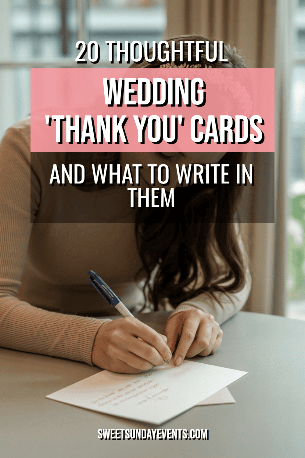 Woman writing wedding thank-you cards in a warm, inviting home setting.