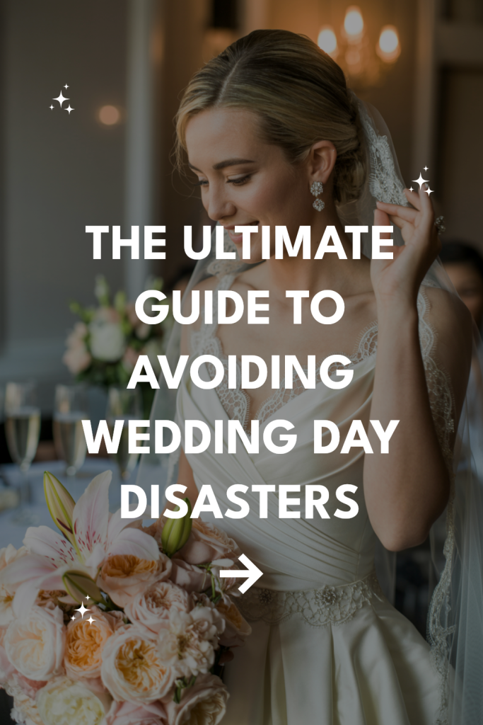 Elegant bride prepares with bouquet, showcasing wedding dress and tips to avoid disasters.