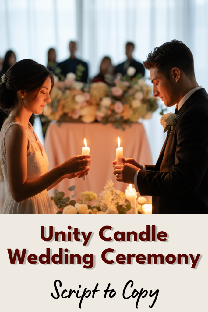 Couple celebrates love during a Unity Candle ceremony, surrounded by elegant floral decor.